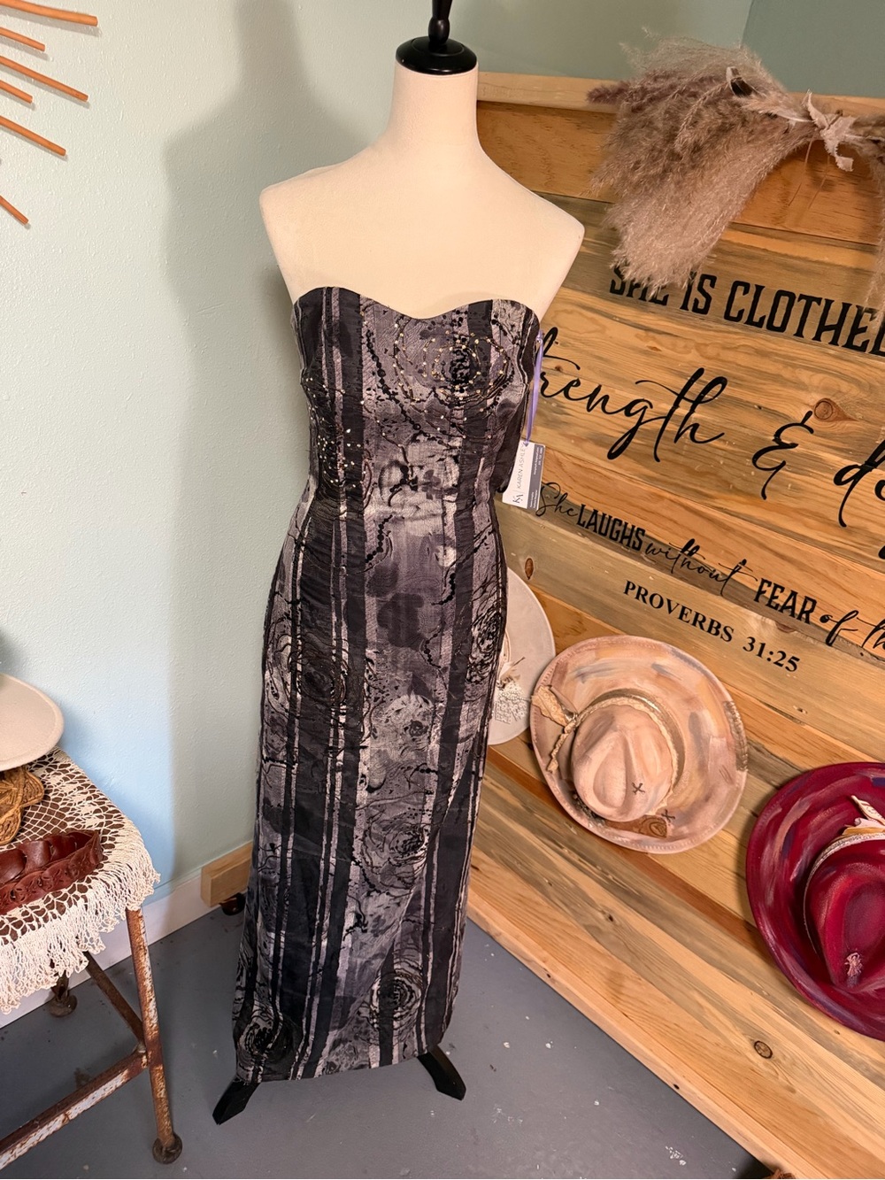 Ashley By 26 International Strapless Black and Gray Patterned Gown